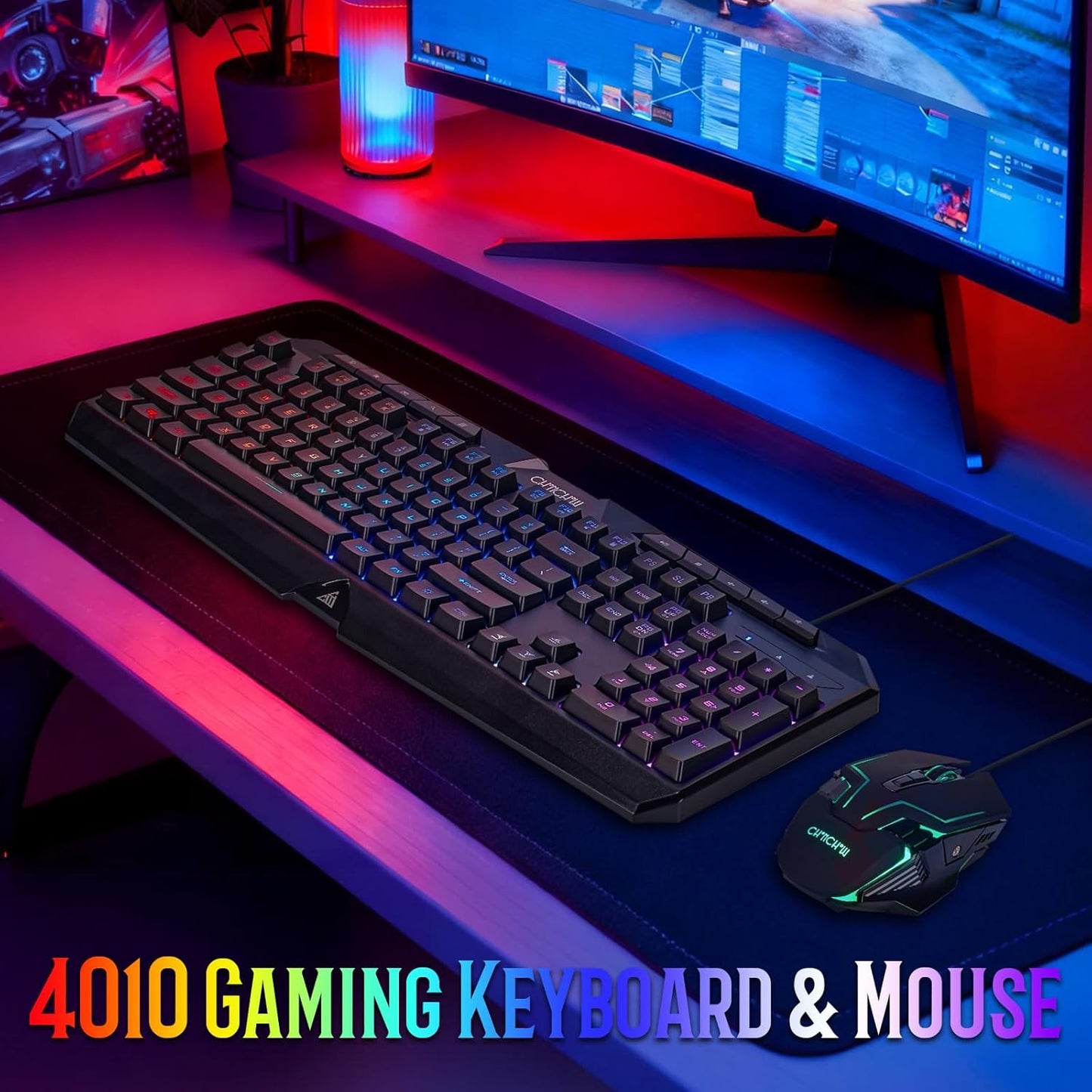 Wired Gaming Keyboard and Mouse Combo with Color Backlit, 10 Dedicated Keys, Mechanical Feel, Quiet, Anti-ghosting, Light Up Computer Keyboard, Cool RGB 7200 DPI Programmable Mice with Software for PC