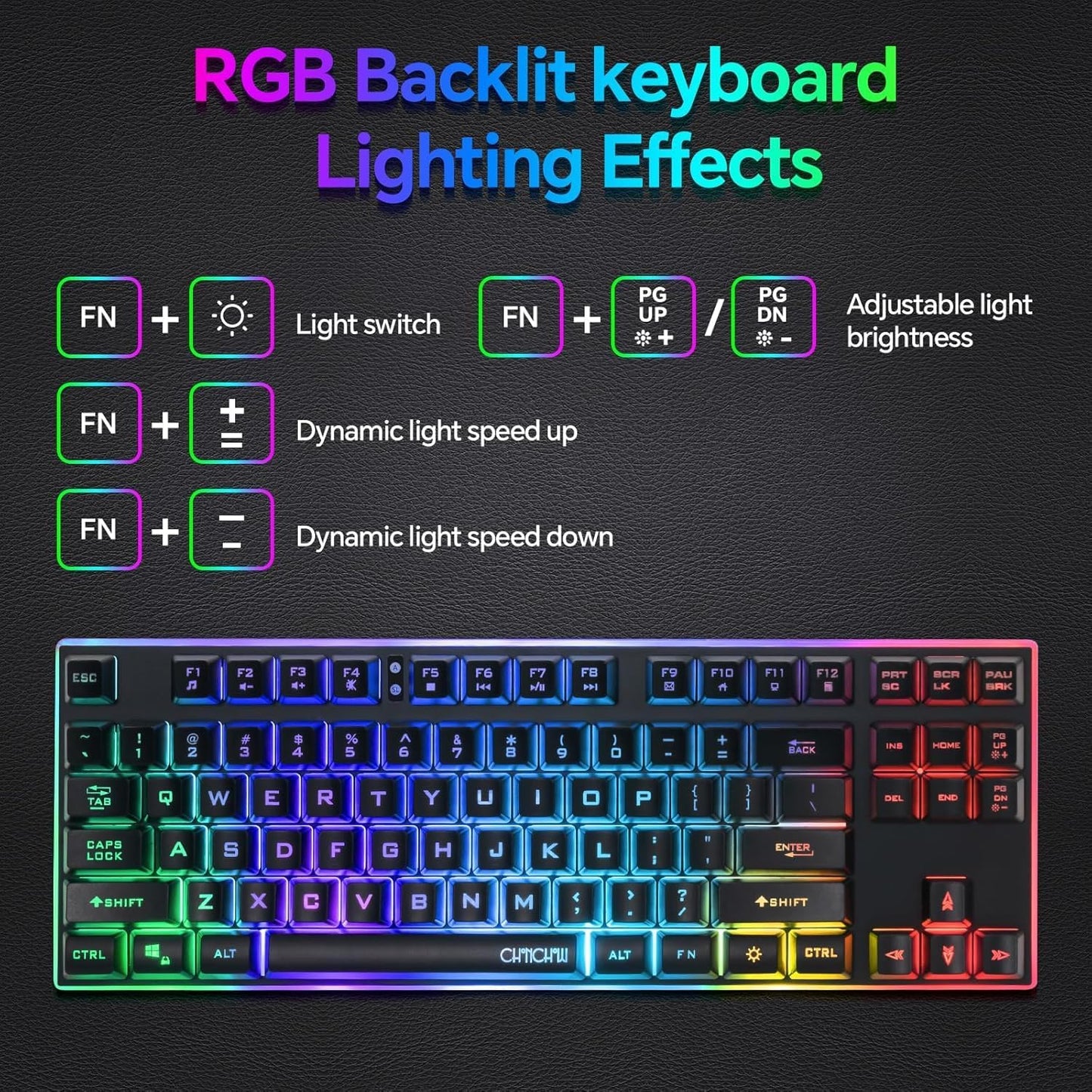 CHONCHOW 87 Keys TKL Wired Gaming Keyboard with Wrist Rest, Detachable USB-C Cable, RGB Backlight, Full Metal Panel Keyboard Compatible with PC Laptop Mac Xbox Ps4 Ps5 (Black) - CHONCHOW