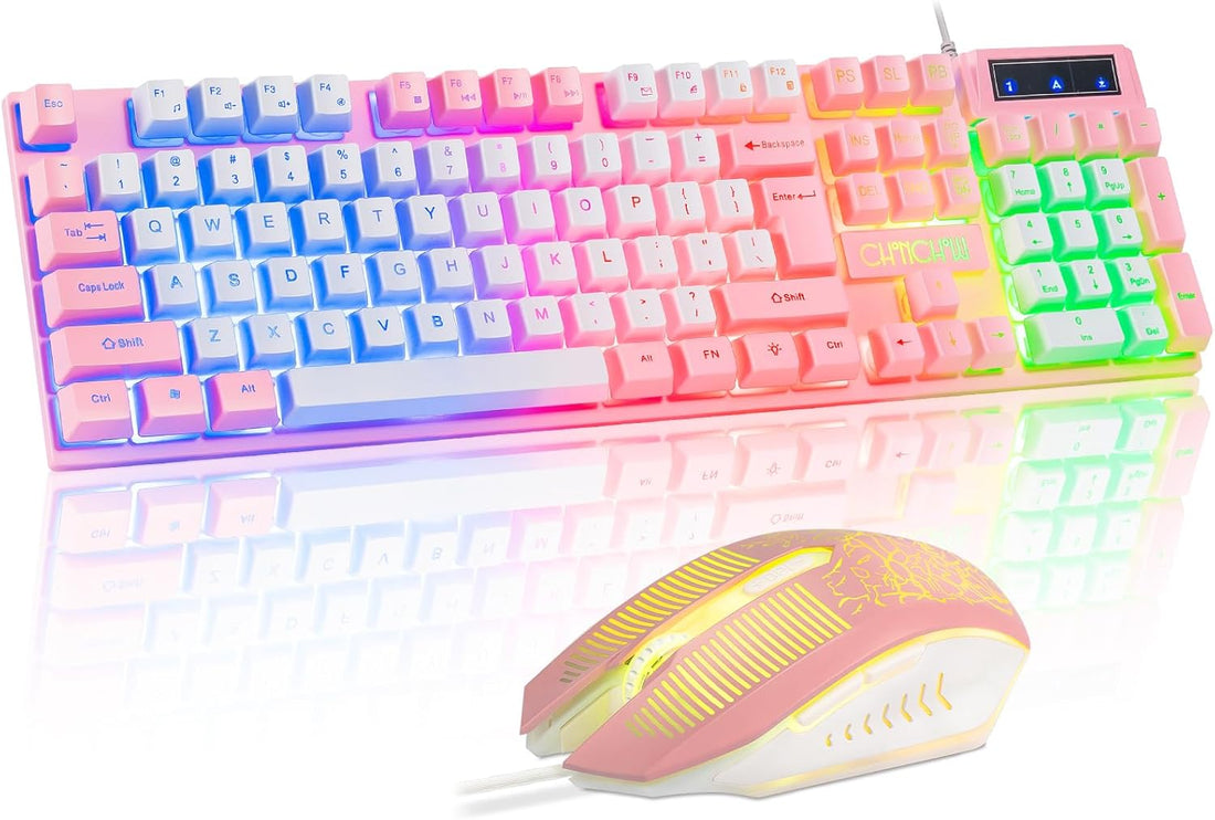 CHONCHOW Pink Gaming Keyboard and Mouse Combo with led, 104 Keys Wired Light Up Keyboard and Colorful Mouse for PC Laptop Computer PS4 Xbox, 19 Keys Anti-Ghosting, Multimedia Keys, Number Pad