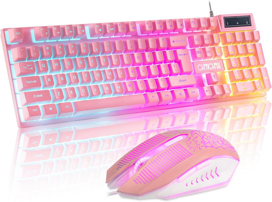 CHONCHOW Pink Keyboard and Mouse Combo with Backlit, Function Keys, 19 Keys Anti-ghosting for Gamer on PC Laptop Computer Mac PS4 Xbox, Cute Wired Light Up Gaming Keyboard & RGB Mouse for Girl Women - CHONCHOW