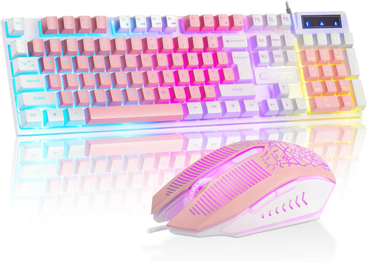 CHONCHOW Cute Pink Gaming Keyboard and Mouse Combo for Girl, 3 Color Backlit, 19 Keys Anti-ghosting with Kawaii RGB Light Up Mouse for PC Laptop Mac Computer PS4 and PS5, Women Girl - White & Pink - CHONCHOW