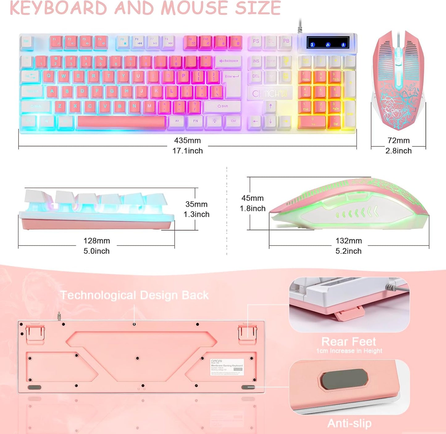 CHONCHOW Cute Pink Gaming Keyboard and Mouse Combo for Girl, 3 Color Backlit, 19 Keys Anti-ghosting with Kawaii RGB Light Up Mouse for PC Laptop Mac Computer PS4 and PS5, Women Girl - White & Pink - CHONCHOW