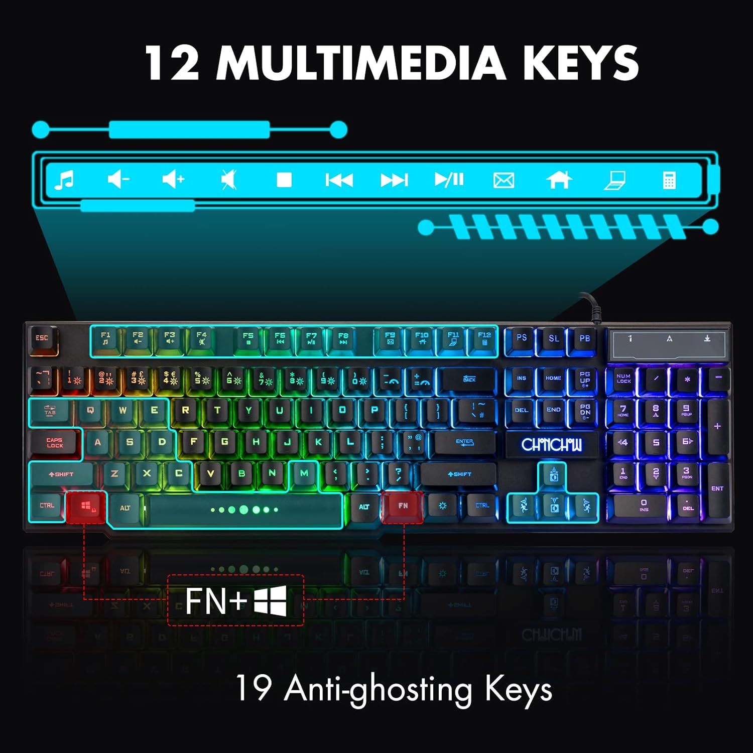 CHONCHOW Wired Gaming Keyboard for Mac PC PS5 PS4 Xbox One Gamers, RGB Backlit LED Mechanical Feel Keyboard with Multimedia Keys Number Pad, 104 Keys USB Desktop Computer Windows Keyboard (Black) - CHONCHOW