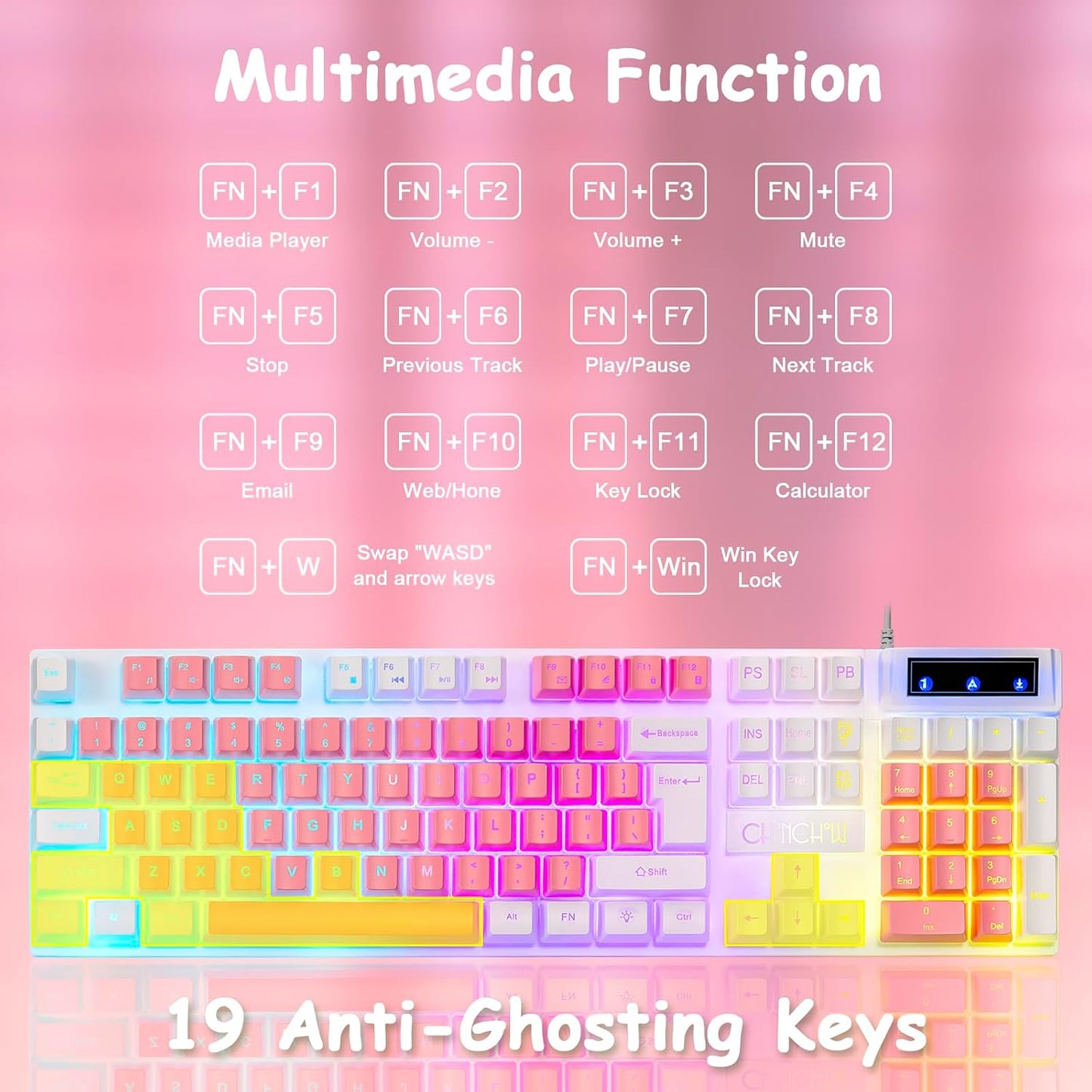 CHONCHOW Cute Pink Gaming Keyboard and Mouse Combo for Girl, 3 Color Backlit, 19 Keys Anti-ghosting with Kawaii RGB Light Up Mouse for PC Laptop Mac Computer PS4 and PS5, Women Girl - White & Pink - CHONCHOW