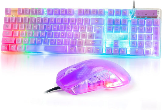 Gaming Keyboad and Mouse Combo, Transparent RGB Rainbow LED Backlit 104 Key USB Wired Gaming Keyboard, Ergonomic Gaming Mice 2 Side Button Gamer Set for Desktop Laptop PC Computer PS4 Linux CHONCHOW - CHONCHOW