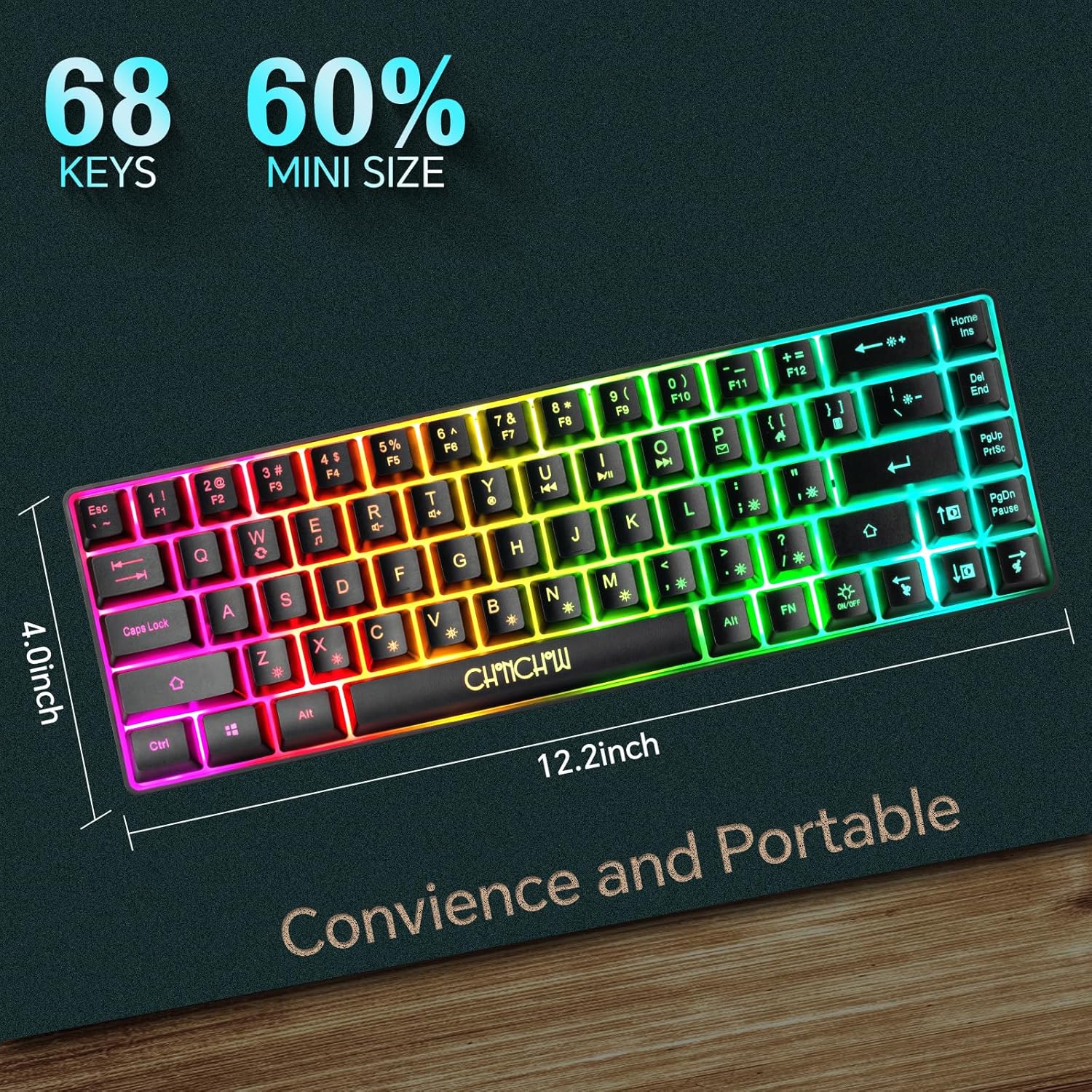 60% Gaming LED Keyboard RGB 68 Keys Layout Wired Keypad with 10