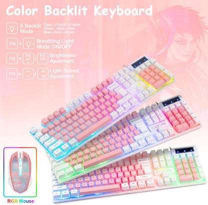 CHONCHOW Cute Pink Gaming Keyboard and Mouse Combo for Girl, 3 Color Backlit, 19 Keys Anti-ghosting with Kawaii RGB Light Up Mouse for PC Laptop Mac Computer PS4 and PS5, Women Girl - White & Pink - CHONCHOW