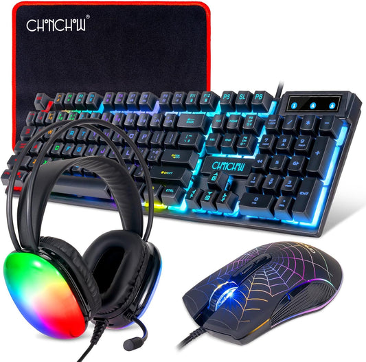 Gaming Keyboard Mouse Mousepad and Headset with mic Combo All in One USB Wired RGB Backlit Rainbow Side Button Gamer Bundle Set Compatible with PC Windows Xbox one PS4 PS5(Black) - CHONCHOW