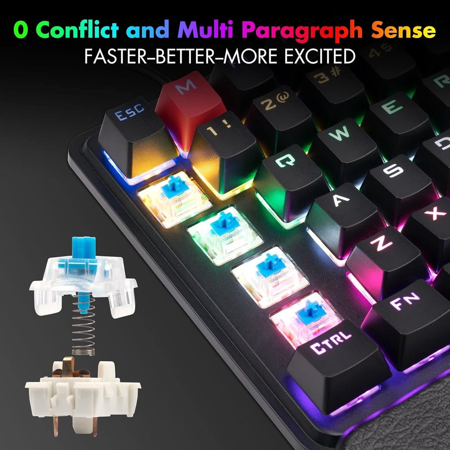 CHONCHOW Mechanical Gaming One Hand Keyboard Blue MX Switch RGB LED Compact Backlit Keypad Braided Wire USB Compatible with PS4 Xbox Android iOS PC Computer - CHONCHOW