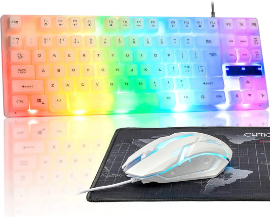 Small White Gaming Mouse and Keyboard, CHONCHOW Rainbow LED Light Up Keyboard 87-Key, 7 Color Breathing Mode LED Light Gaming Mouse 4 Levels of DPI, White Keyboard and Mouse for PC laptop Xbox PS4 PS5 - CHONCHOW