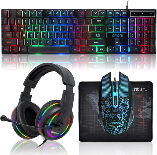 Gaming LED Keyboard Mouse Headset and Mousepad Bundle, CHONCHOW Wired Rainbow LED Light Up Gaming Keyboard Mouse Headset, Value 4 in 1 Gaming Set for Xbox PS4 PS5 PC Laptop Gamer - CHONCHOW