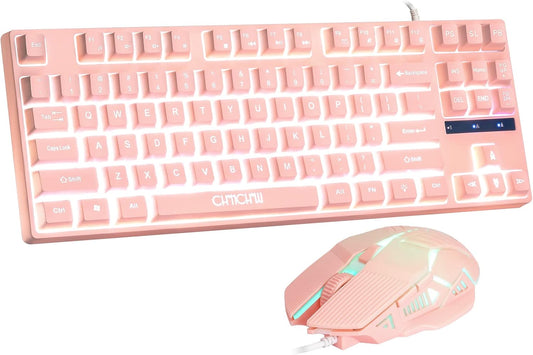 Gaming Keyboard and Mouse Pink Keyboard with White LED Backlit,CHONCNHOW 87keys Creamy PBT Key Cute Small Gaming Keyboard Mic 4D 3600DPI for PC Laptop Xbox Ps4/Mac OS/Gamer(Wired) - CHONCHOW