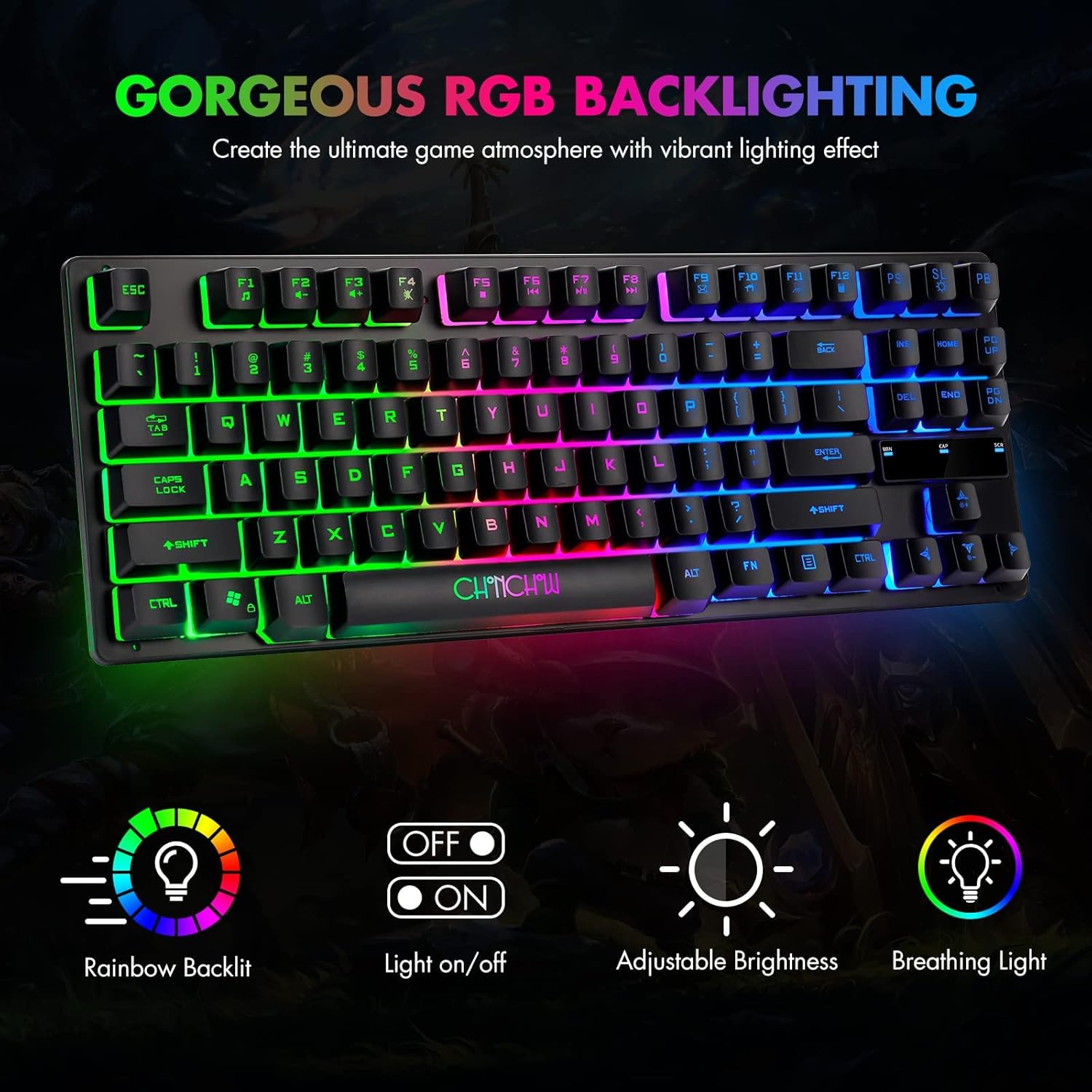 CHONCHOW 87-Key RGB Backlit Compact Gaming Keyboard - USB Wired Tenkeyless Keyboard for Laptop, PS4, Xbox, PC Gaming and Work - CHONCHOW