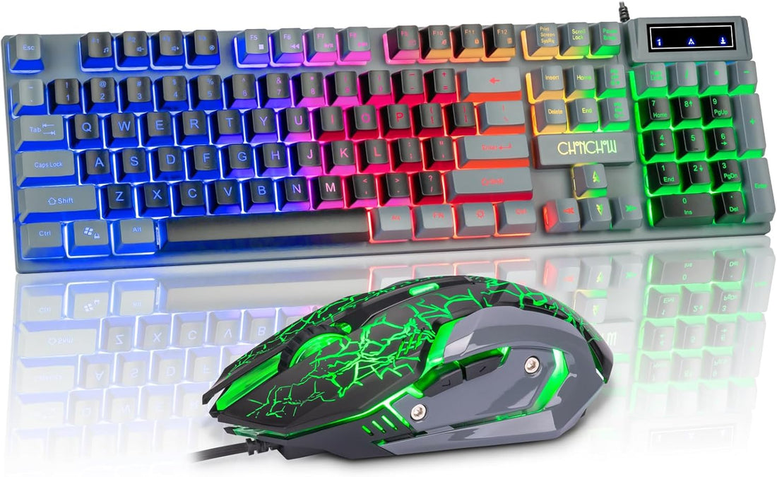 CHONCHOW Gaming Keyboard and Mouse Combo LED Backlit 104Keys Full Size Keyboard Light Up USB Wired Mechanical Feel 3600 DPI Gaming Mic for Windows PC Mac Xbox Gamer, Black&Grey