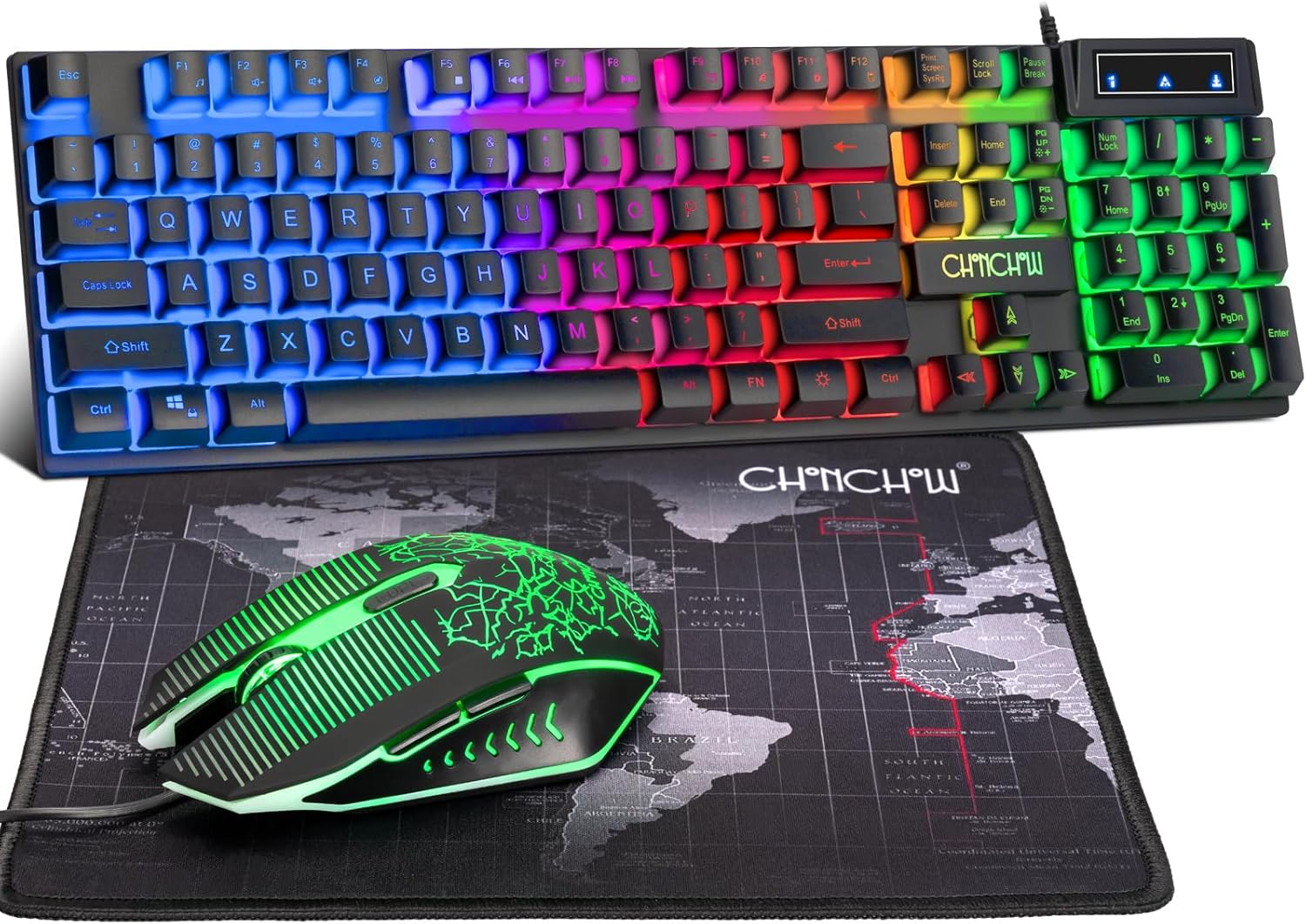 CHONCHOW Gaming Keyboard and Mouse Led Backlit USB Wired with Light Up Key 3600DPI 2 Side Button Mouse Keyboard Mechanical Feeling Compatible with PC Mac OS Xbox Ps4 Ps5 with Mousepad - CHONCHOW