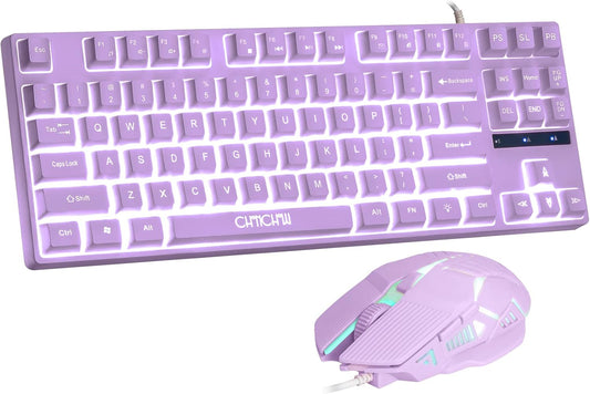 Gaming Keyboard and Mouse Purple Keyboard with White LED Backlit,CHONCNHOW 87keys Creamy PBT Key Cute Small Gaming Keyboard Mic 4D 3600DPI for PC Laptop Xbox Ps4/Mac OS/Gamer(Wired) - CHONCHOW