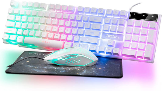 Gaming Keyboard and Mouse Wired CHOCNHOW White Keyboard Rainbow Backlit,Light Up Keys, Multimedia Keys, Waterproof Compatible with PC Laptop Xbox Ps4/Ps5 Work/Gamer - CHONCHOW