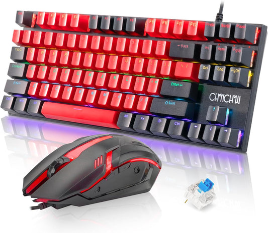 CHONCHOW 75% Mechanical Gaming Keyboard and Mouse Combo, 87 Keys TKL, LED Backlit, Blue Switch, Hot Swappable Mechanical Keyboard, RGB Mouse 1200-4200 DPI for Ps4 Xbox PC Laptop Mac Windows, Black-Red - CHONCHOW