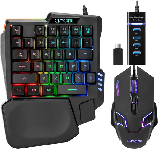 One Handed Half Keyboard Mouse USB Spilitter Type-C Adapter Gaming Combo with RGB LED Backlit 7200DPI CPI Customize 4 Port Adapter Mini Size Small Wired Set for LOL/Wow/fortnite/Dota/PUBG - CHONCHOW