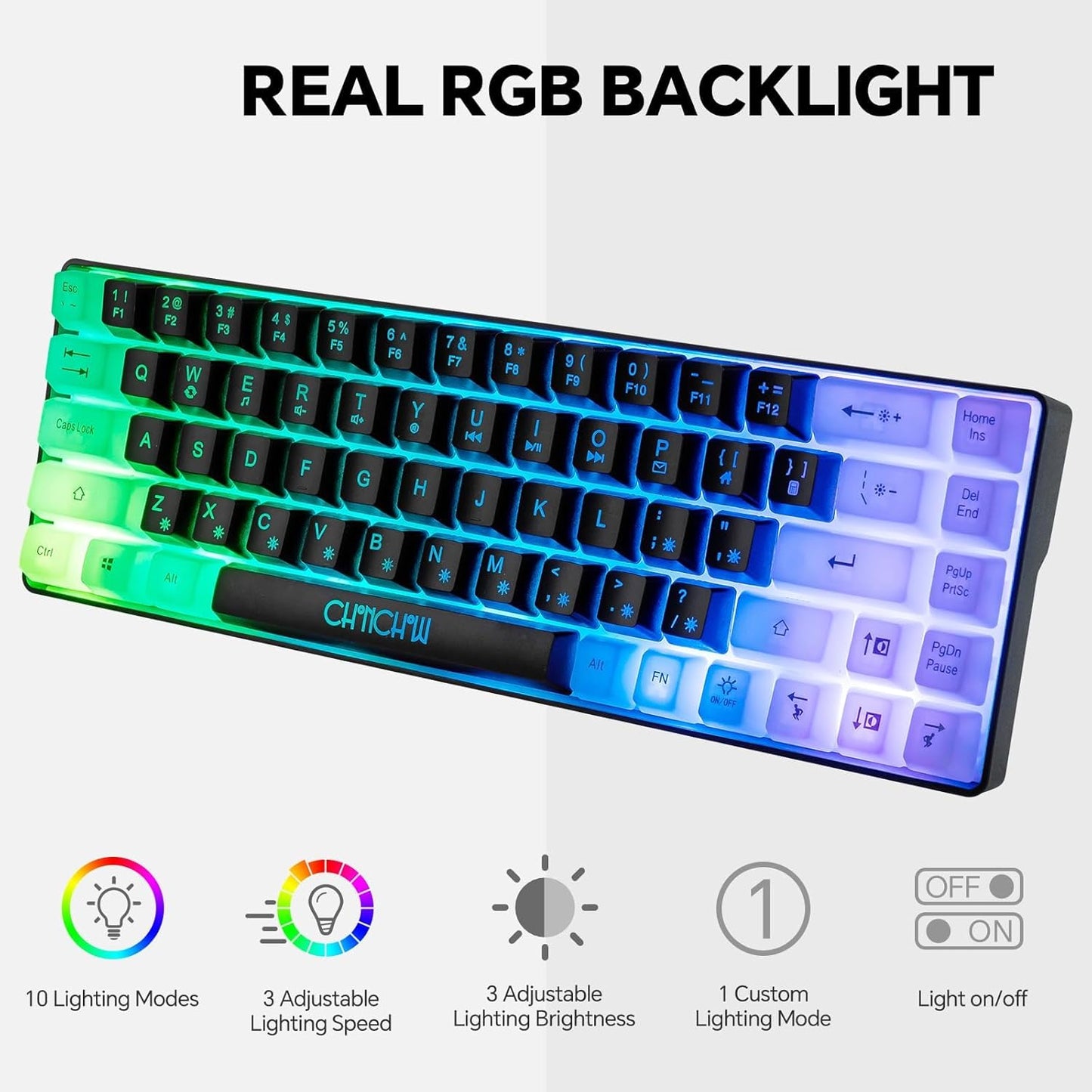 CHONCHOW Mini RGB 60% Gaming Keyboard, 68 Keys Small Compact USB Wired Rainbow Light Up Backlit Gaming Keyboard for Xbox PS4 PS5 PC Laptop Gamer（Black-White） - CHONCHOW