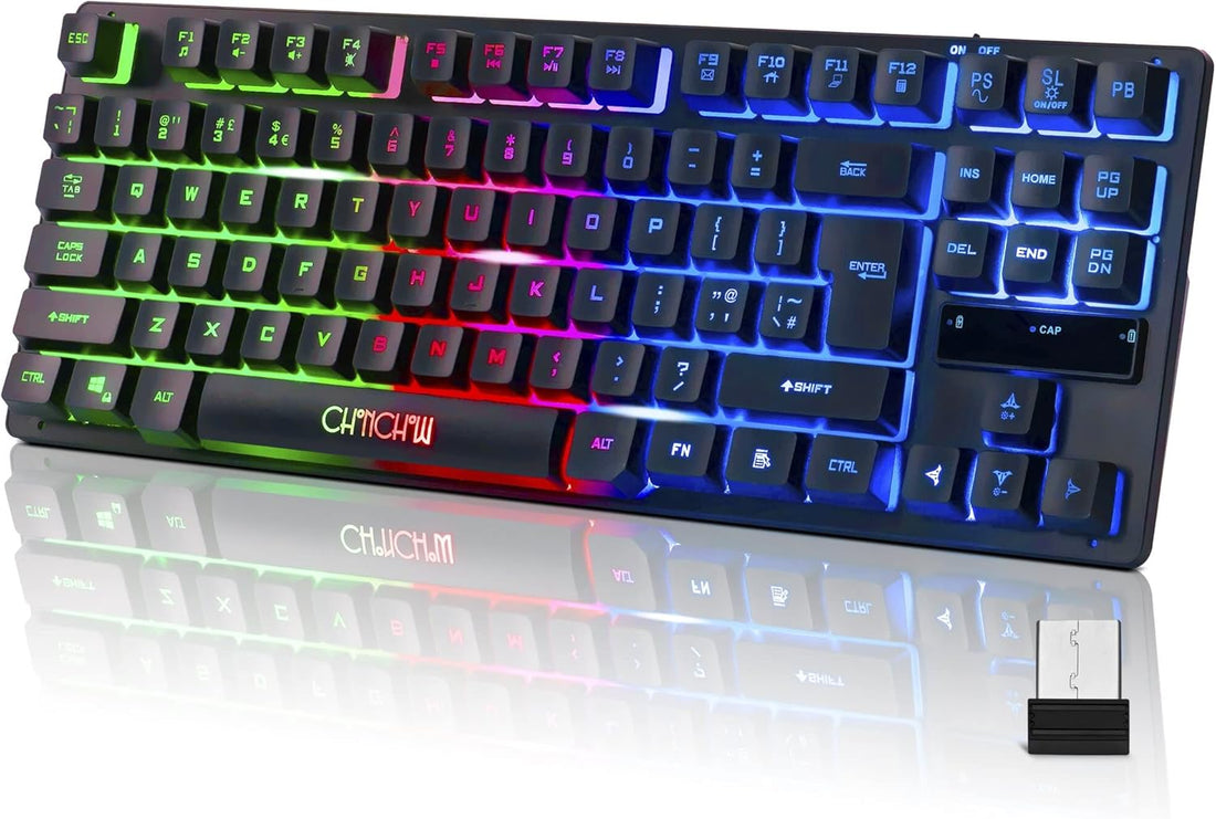CHONCHOW Wireless LED Keyboard, Rechargeable 87 Key RGB LED Backlit Keyboard, Light up Gaming Keyboard for PC PS4 PS5 Xbox One Laptop, Teclado inalámbrico, Black (Wireless)