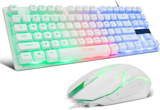 Gaming Keyboard 87 Key TKL Wired Keyboard,CHONCHOW Rainbow Led Backlit White Keyboard Mouse 3200DPI Cute Keyboard Combo Compatible with PC Laptop Ps4 Ps5 Xbox Gamer - CHONCHOW