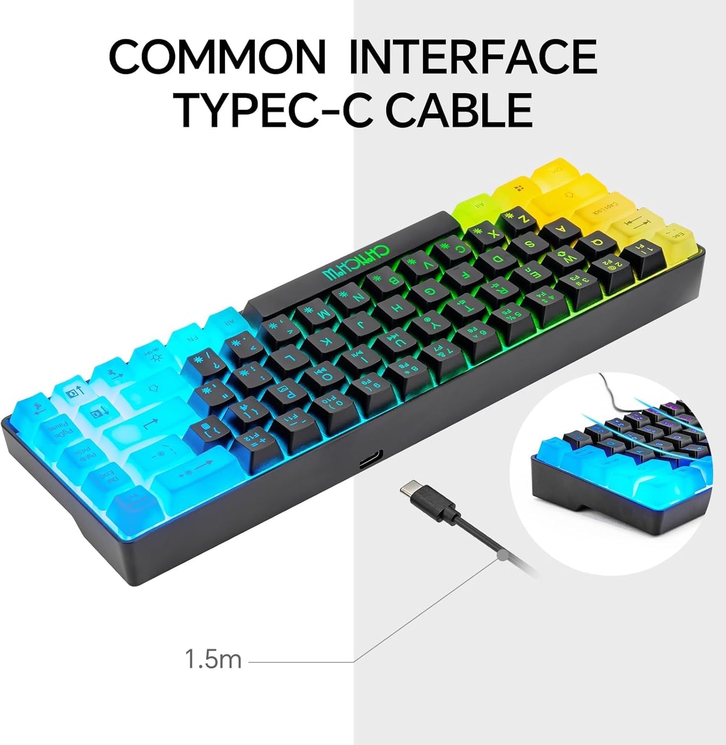 CHONCHOW Mini RGB 60% Gaming Keyboard, 68 Keys Small Compact USB Wired Rainbow Light Up Backlit Gaming Keyboard for Xbox PS4 PS5 PC Laptop Gamer（Black-White） - CHONCHOW