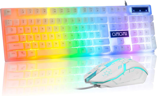 CHONCHOW LED Keyboard and Mouse, 104 Keys Rainbow Backlit Keyboard and 7 Color RGB Mouse, White Gaming Keyboard and Mouse Combo for PC Laptop Xbox PS4 Gamers and Work - CHONCHOW