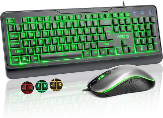 CHONCHOW Wired Keyboard and Mouse Combo with Large Print, Red-Green-Yellow LED Light Up and Quiet Keys for Office Work and Gaming, RGB Mouse, USB Keyboard with Backlit for PC Laptop Computer - Black - CHONCHOW