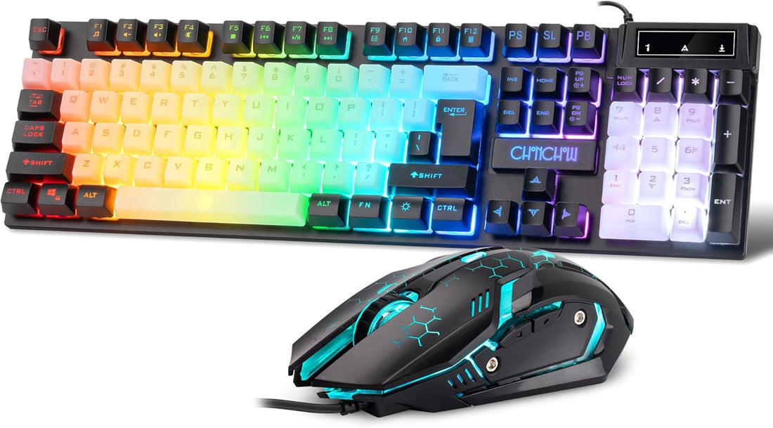 CHONCHOW USB Wired Keyboad and Mouse Combo, Full Size Rainbow LED Light Up Backlit Gaming Keyboard and Mouse Set, 7D 3600DPI Gaming Mouse Compatible with PC Gamers and Xbox PS4 Users