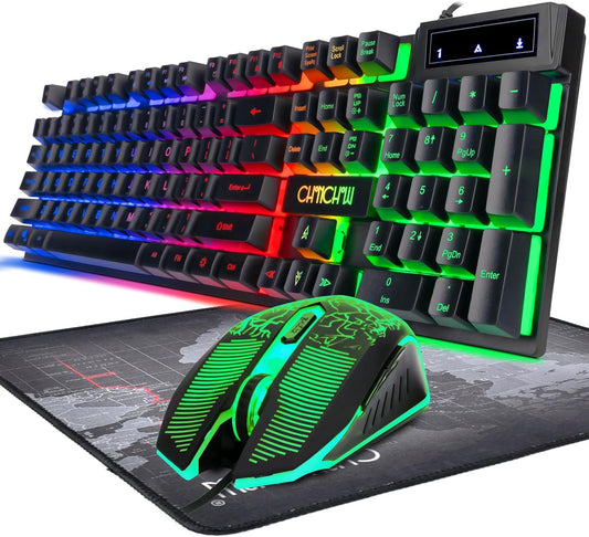 Keyboard and Mouse Gaming LED Wired Combo with Emitting Character Keyboard 4800DPI 2 Side Button USB Mouse Rainbow Backlit Mechanical Feeling Compatible with PC Raspberry Pi Mac Xbox one ps4 - CHONCHOW