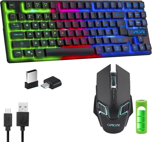 Gaming Wireless TKL Keyboard Mouse Combo Rechargeable LED Backlit Tenkeyless Compact 87 Keys 6 Button for Computer Laptop PS4 PS5 Switch Compatible with Windows XP/7/8/10 iMac MacBook Xbox one X - CHONCHOW